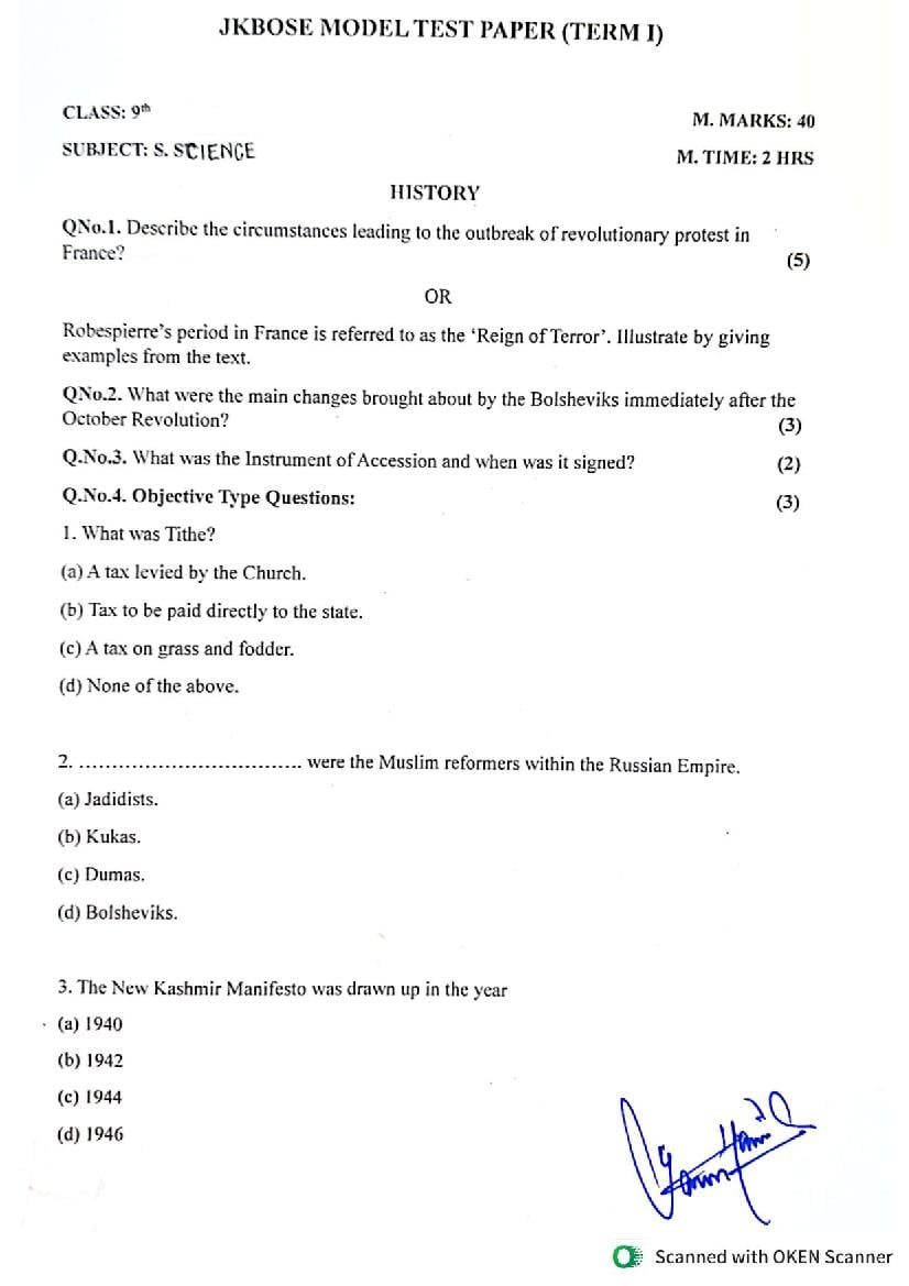 JKBOSE 9th Class Model Paper 2024 Social Science - Page 1