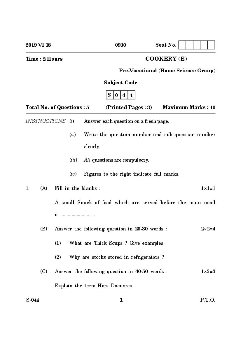Goa Board Class 10 Question Paper June 2019 Cookery English - Page 1