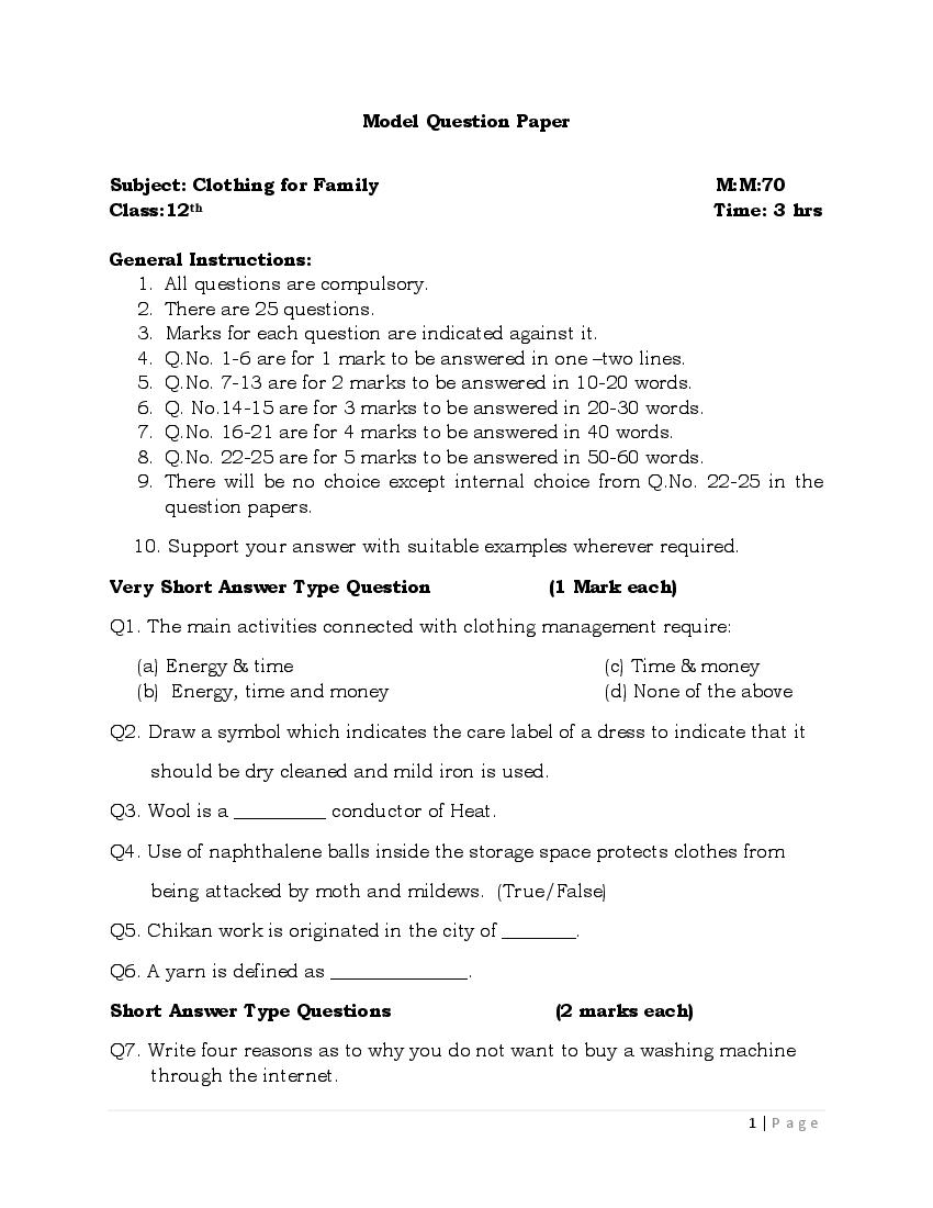 JKBOSE 12th Class Model Paper 2024 Clothing For Family - Page 1