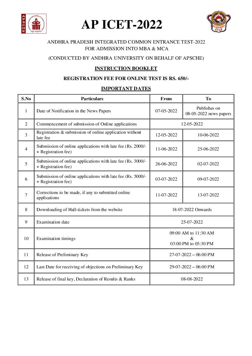 AP ICET 2022 Instruction Booklet (Information Brochure) - Page 1