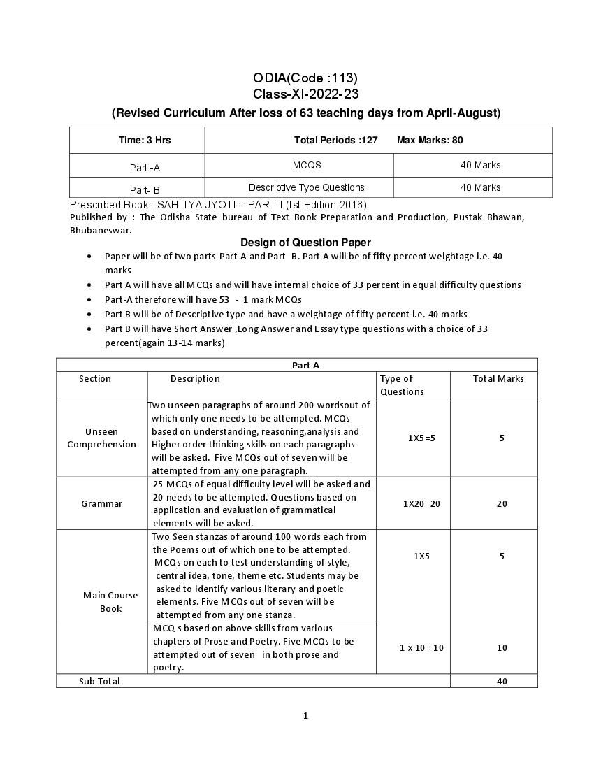 CBSE Class 11 Syllabus 2022-23 Odia - Page 1 of 4