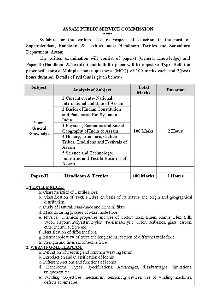 APSC Superintendent, Handloom & Textiles Direct Recruitment Syllabus - Page 1