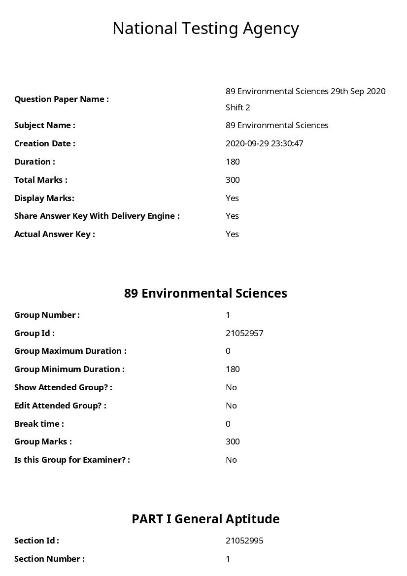 UGC NET 2020 Question Paper for 89 Environmental Sciences - Page 1