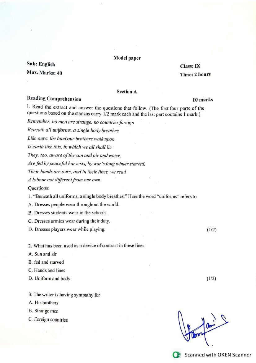 JKBOSE 9th Class Model Paper 2024 English - Page 1