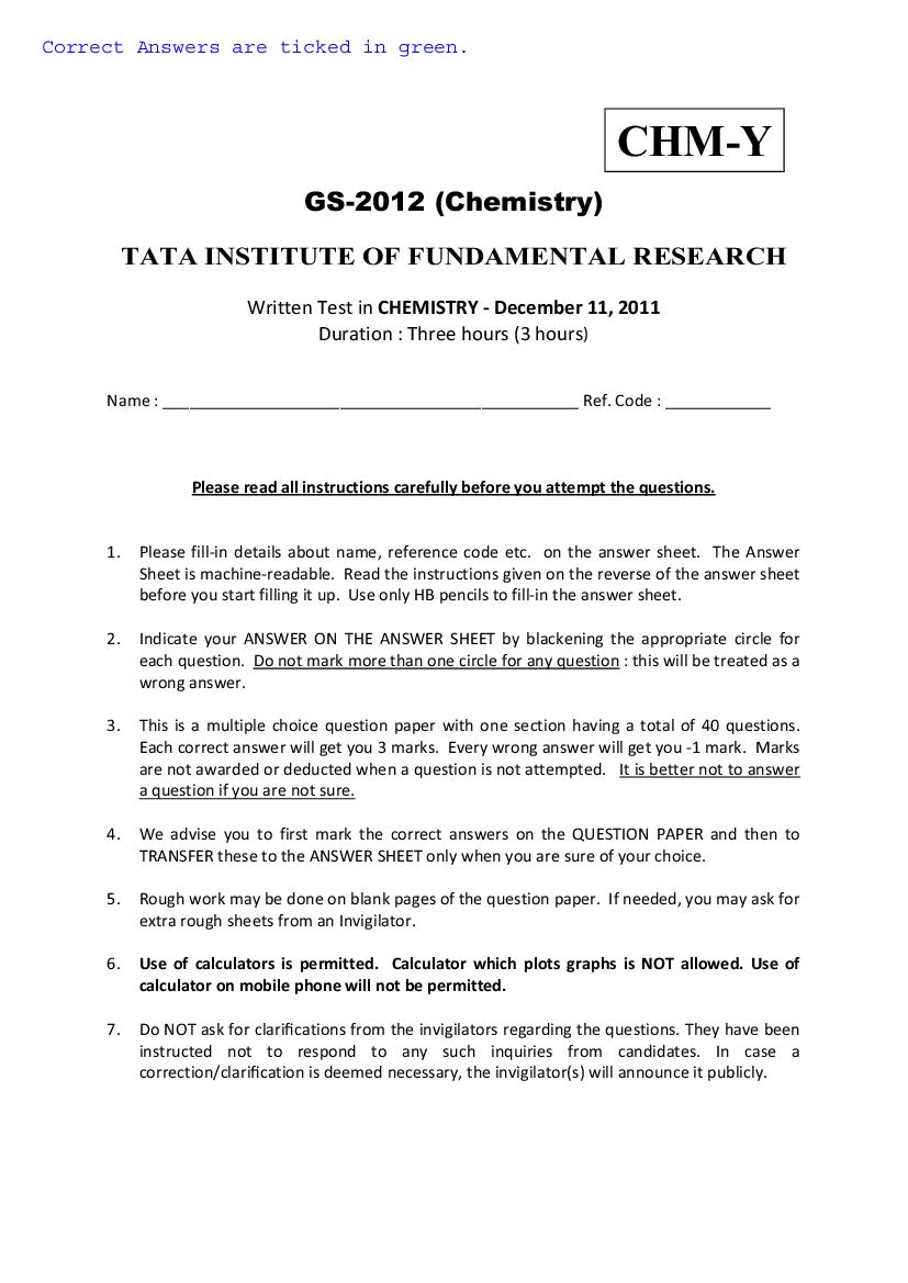 TIFR GS 2012 Question Paper Chemistry Y - Page 1 of 17