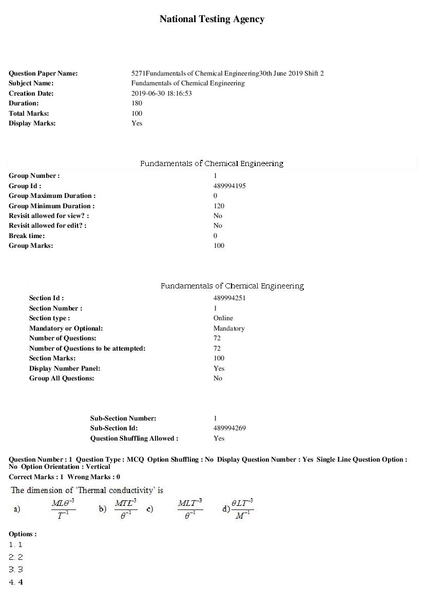 ARPIT 2019 Question Paper for Fundamentals of Chemical Engineering Shift 2 - Page 1 of 26