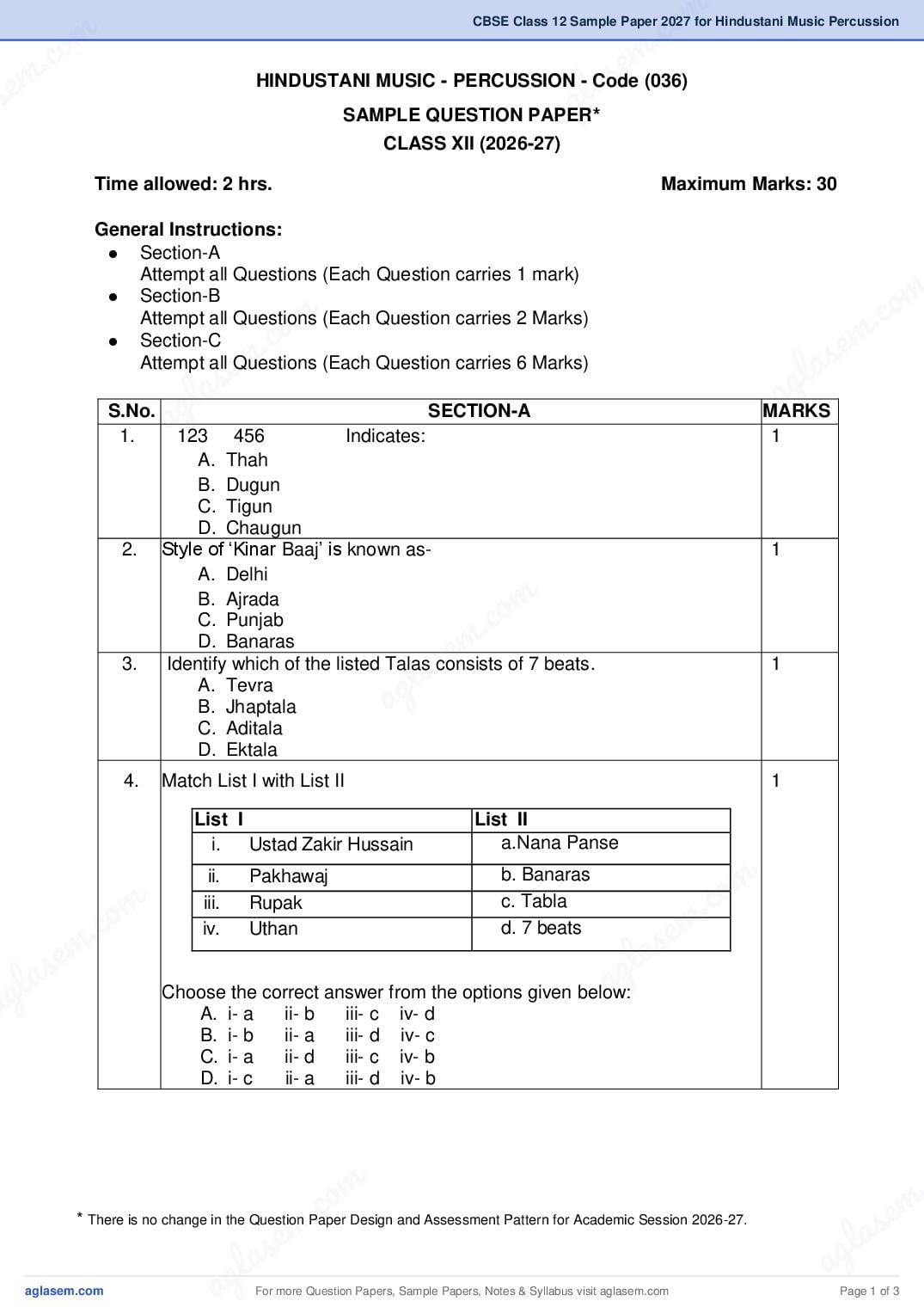 CBSE Class 12 Sample Paper 2027 for Hindustani Music Percussion - Page 1 of 3