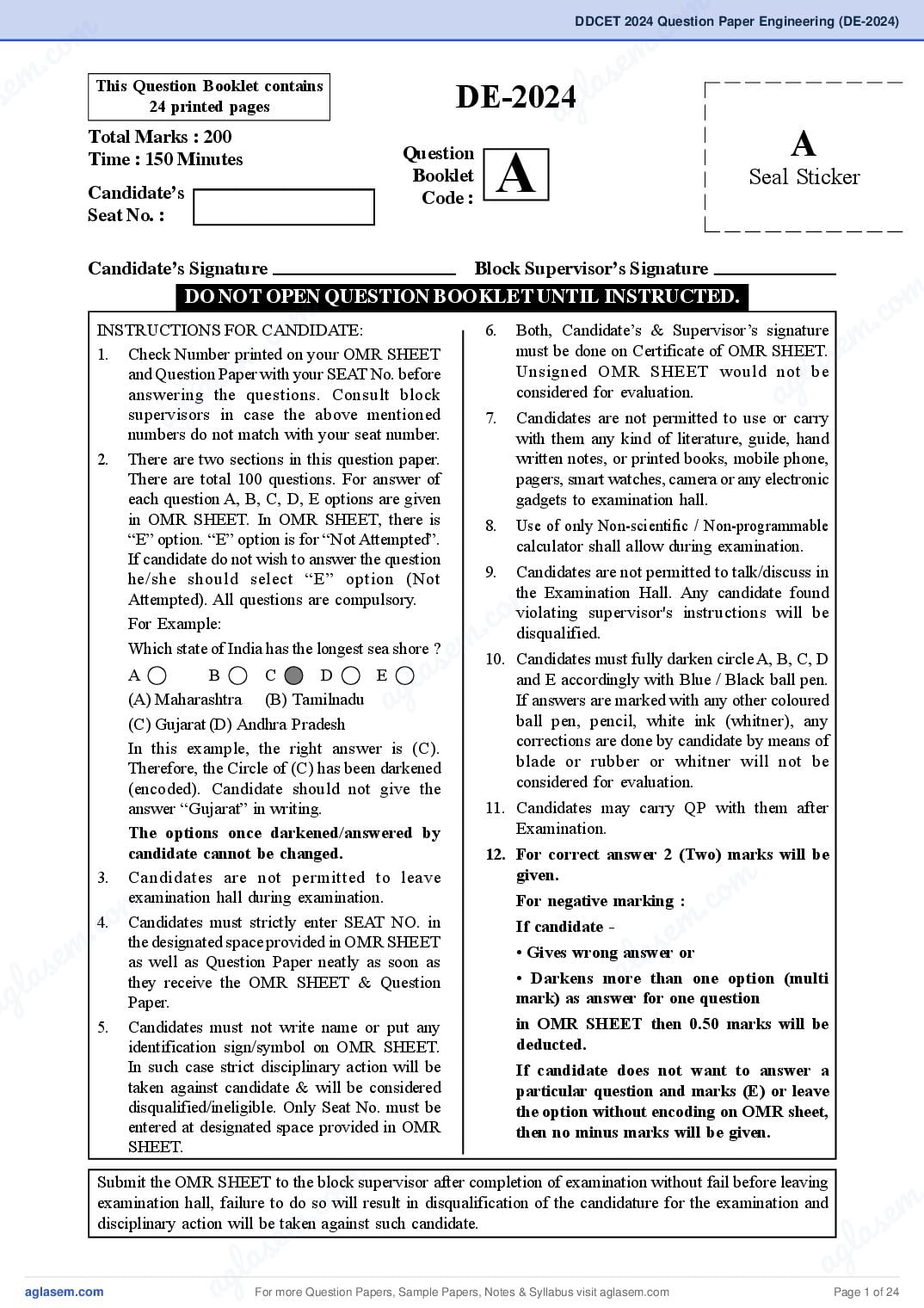 DDCET 2024 Question Paper Engineering (DE-2024) - Page 1 of 24