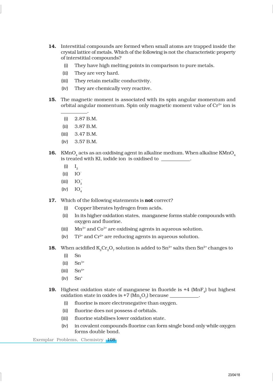 NCERT Exemplar Class 12 Chemistry Chapter 8 The d- and f- Block Elements