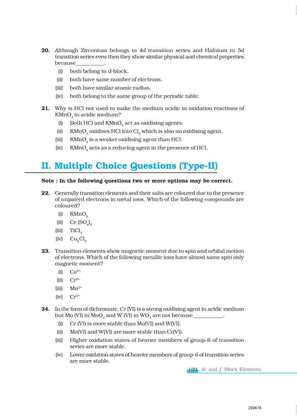 NCERT Exemplar Class 12 Chemistry Chapter 8 The d- and f- Block Elements