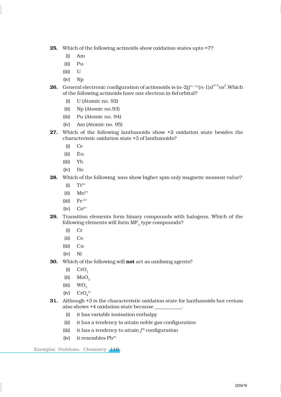 NCERT Exemplar Class 12 Chemistry Chapter 8 The d- and f- Block Elements