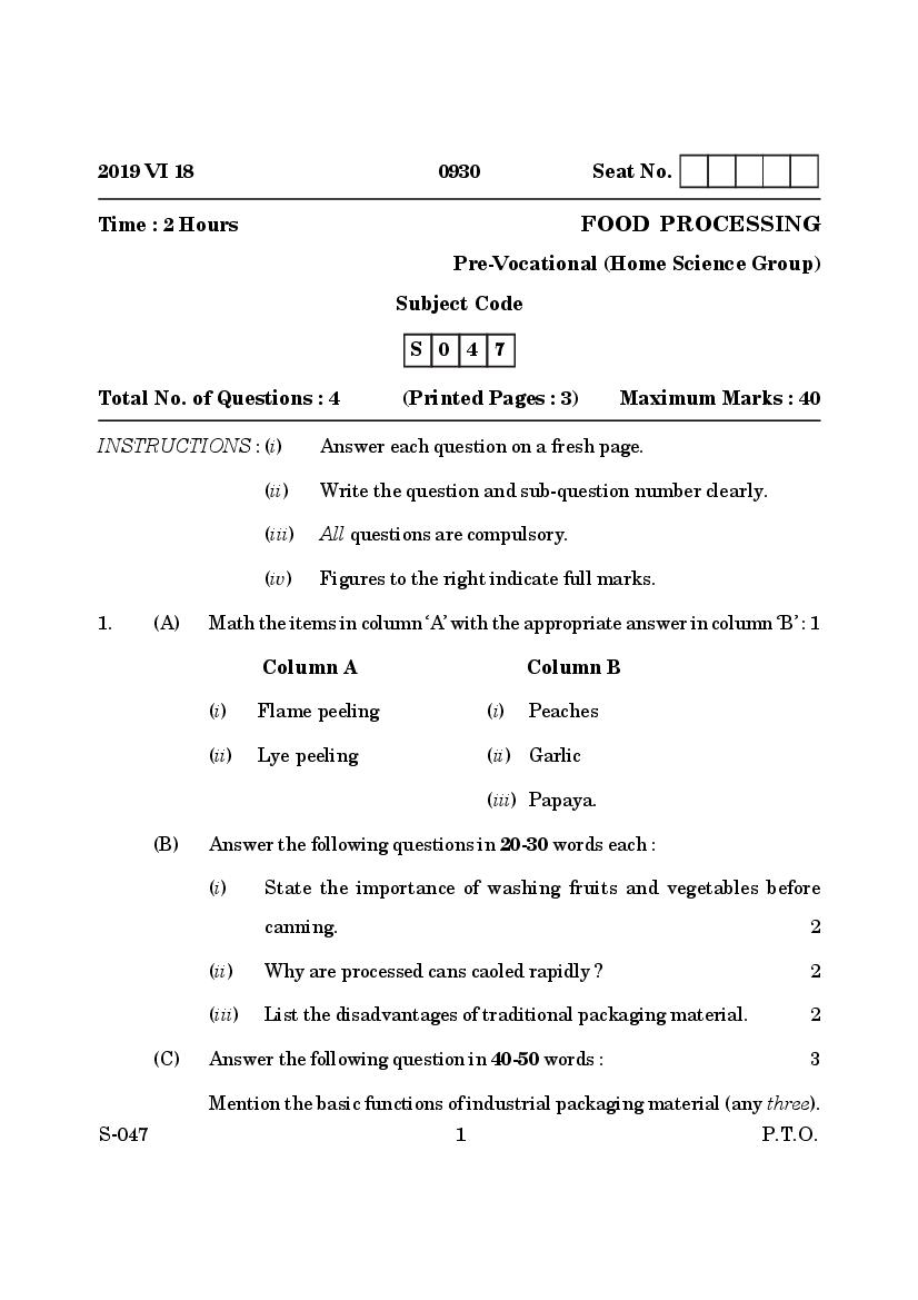 Goa Board Class 10 Question Paper June 2019 Food Processing - Page 1