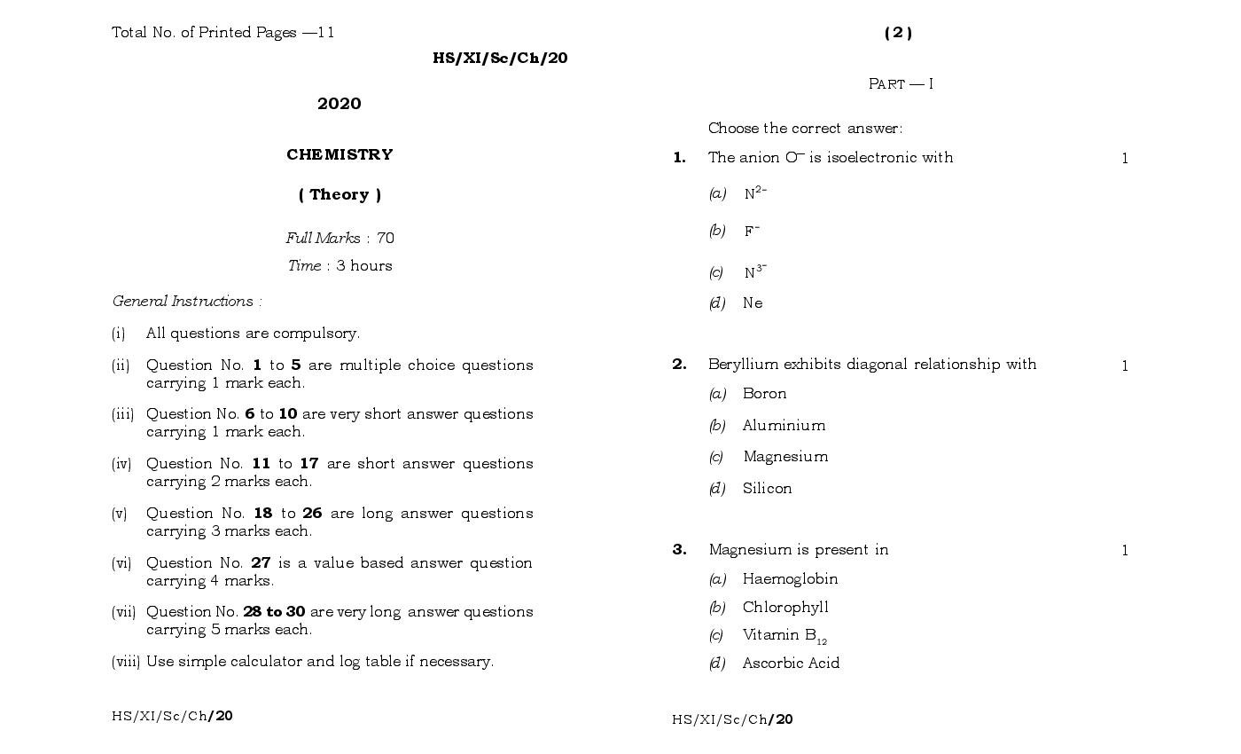 MBOSE Class 11 Question Paper 2020 for Chemistry - Page 1