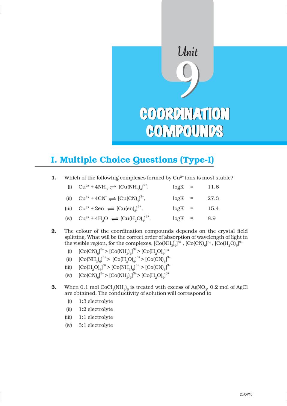 NCERT Exemplar Class 12 Chemistry Unit 9 Coordination Compounds - Page 1