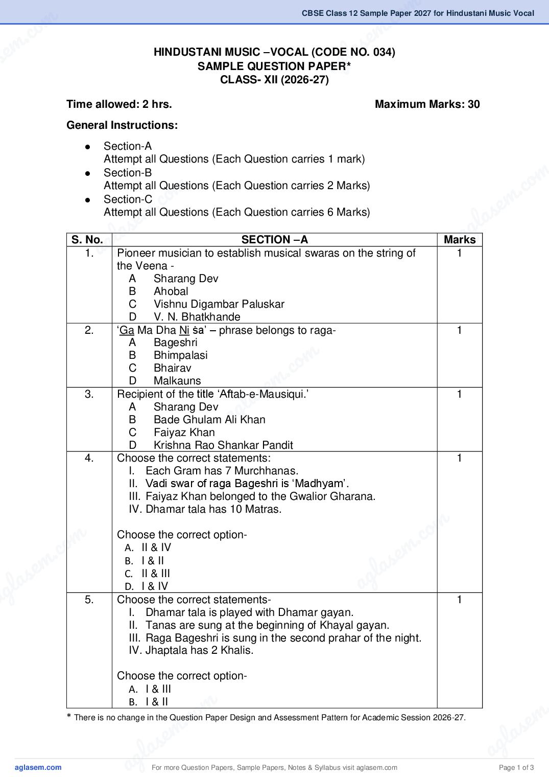 CBSE Class 12 Sample Paper 2027 for Hindustani Music Vocal - Page 1 of 3