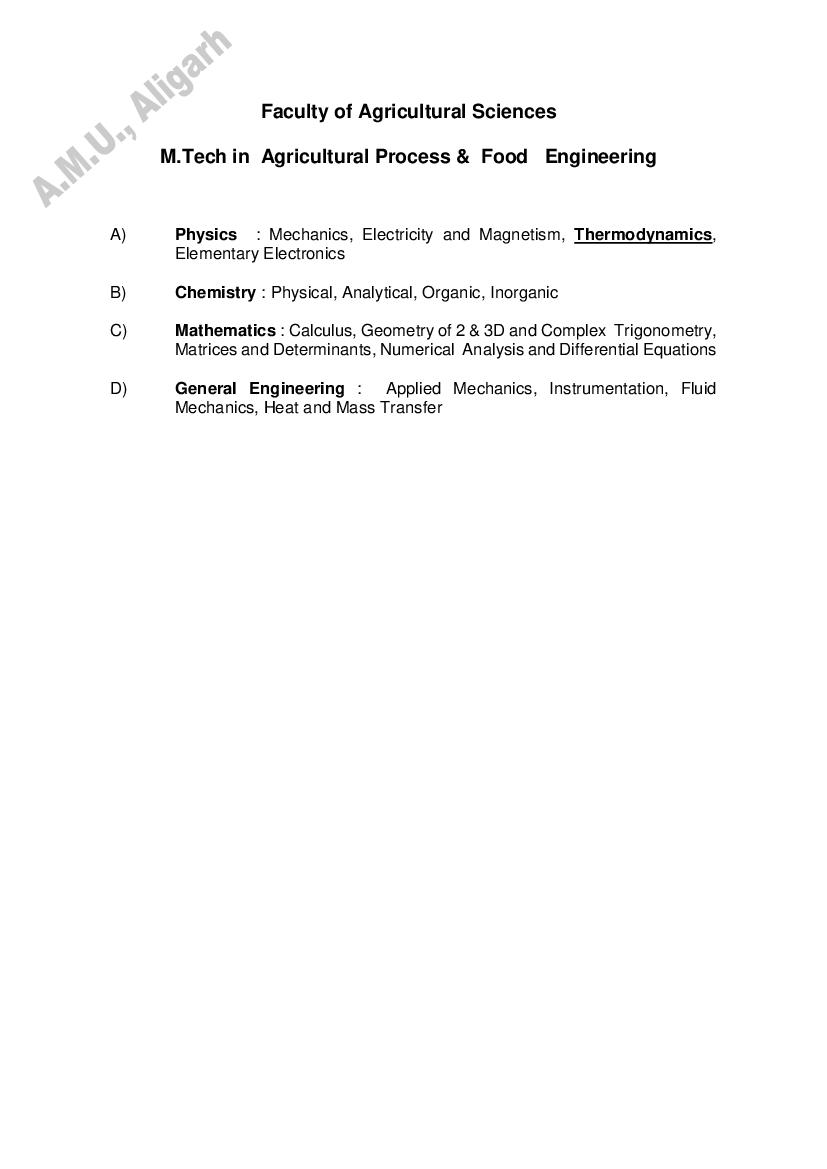 AMU Entrance Exam Syllabus for M.Tech in Agricultural Process & Food Engineering - Page 1
