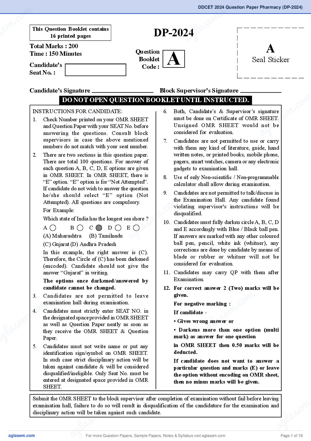 DDCET 2024 Question Paper Pharmacy (DP-2024) - Page 1 of 16
