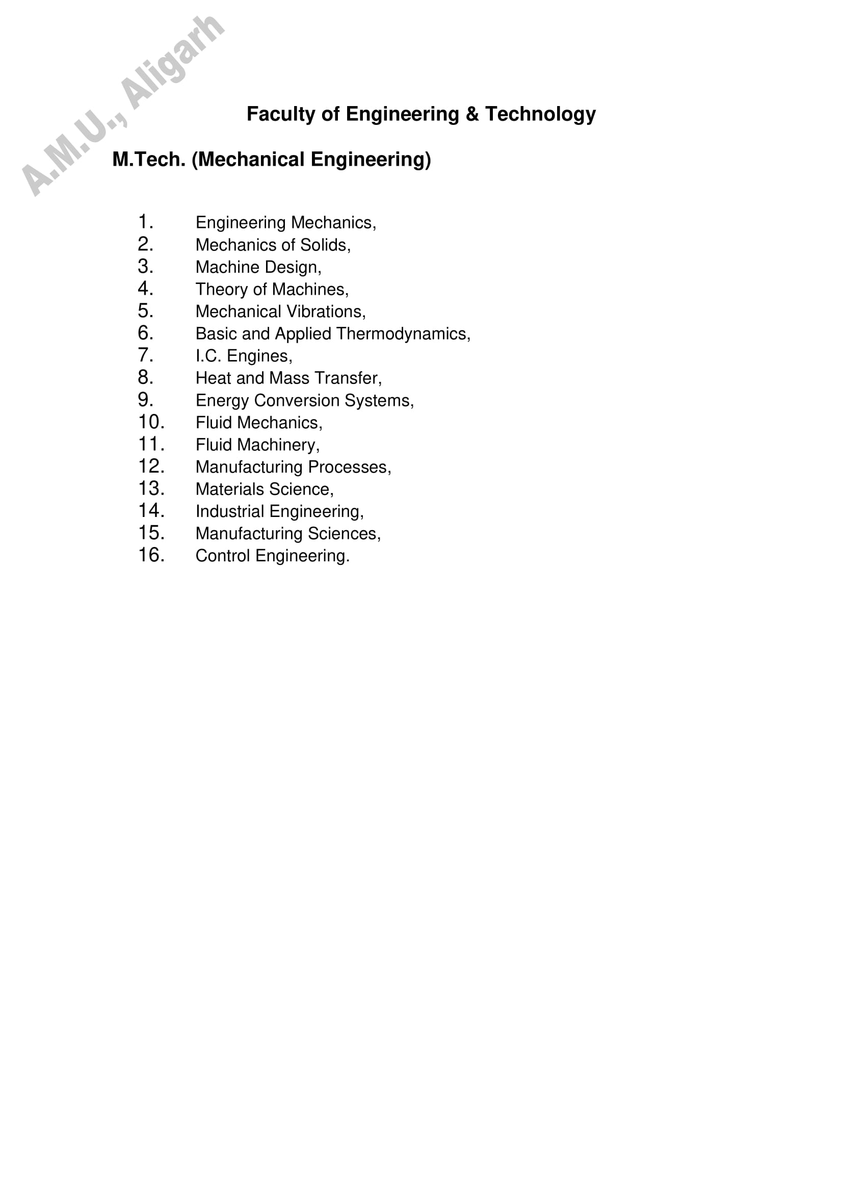 AMU Entrance Exam Syllabus for M.Tech in Mechanical Engineering - Page 1