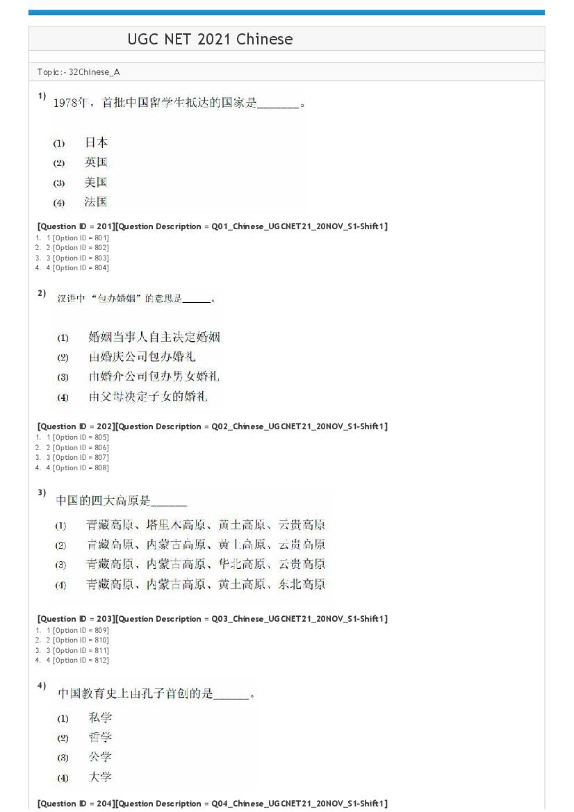 UGC NET 2021 Question Paper Chinese Shift 1 - Page 1