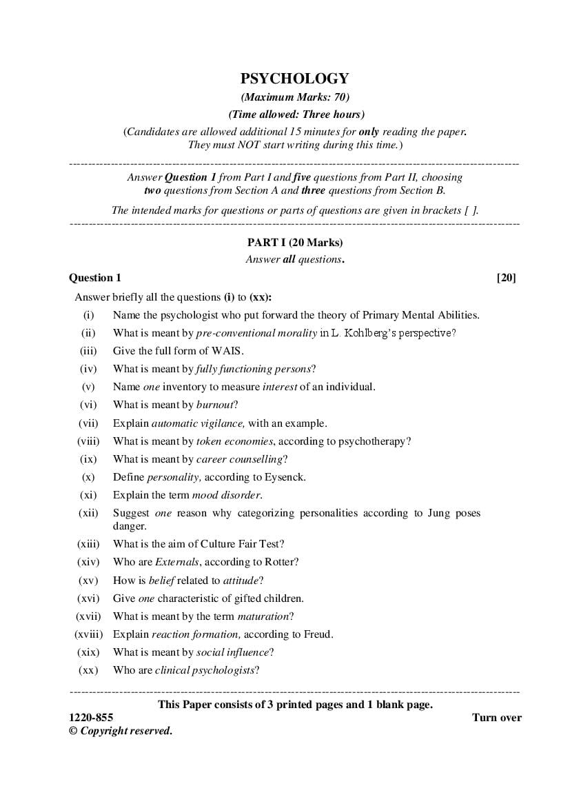 ISC Class 12 Question Paper 2020 for Psychology - Page 1