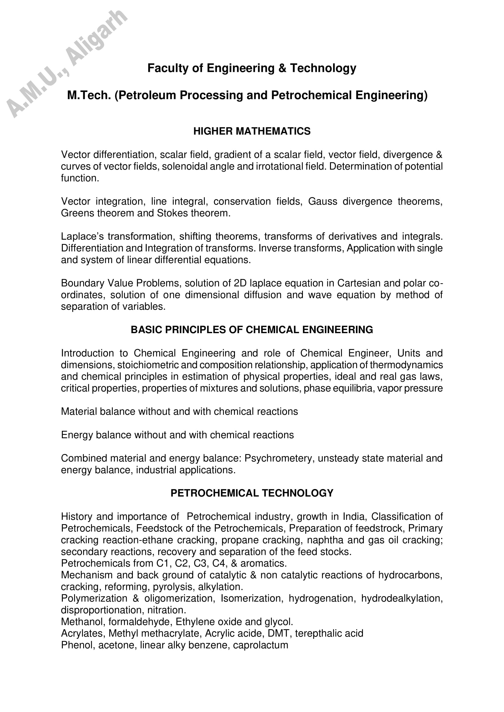 AMU Entrance Exam Syllabus for M.Tech in Petroleum Processing and Petrochemical Engineering - Page 1