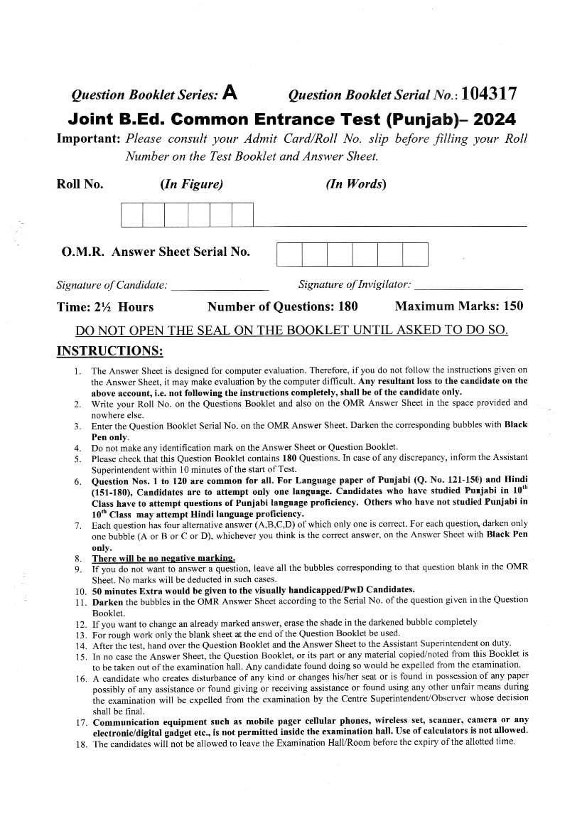 Punjab B.Ed 2024 Question Paper - Page 1