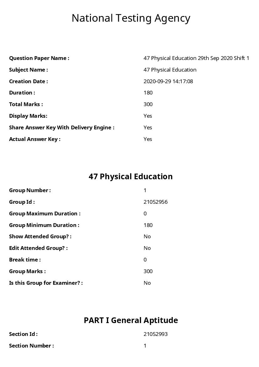 UGC NET 2020 Question Paper for 47 Physical Education - Page 1