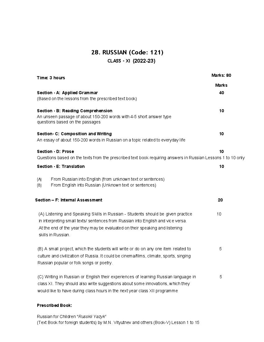 CBSE Class 11 Syllabus 2022-23 Russian - Page 1 of 1