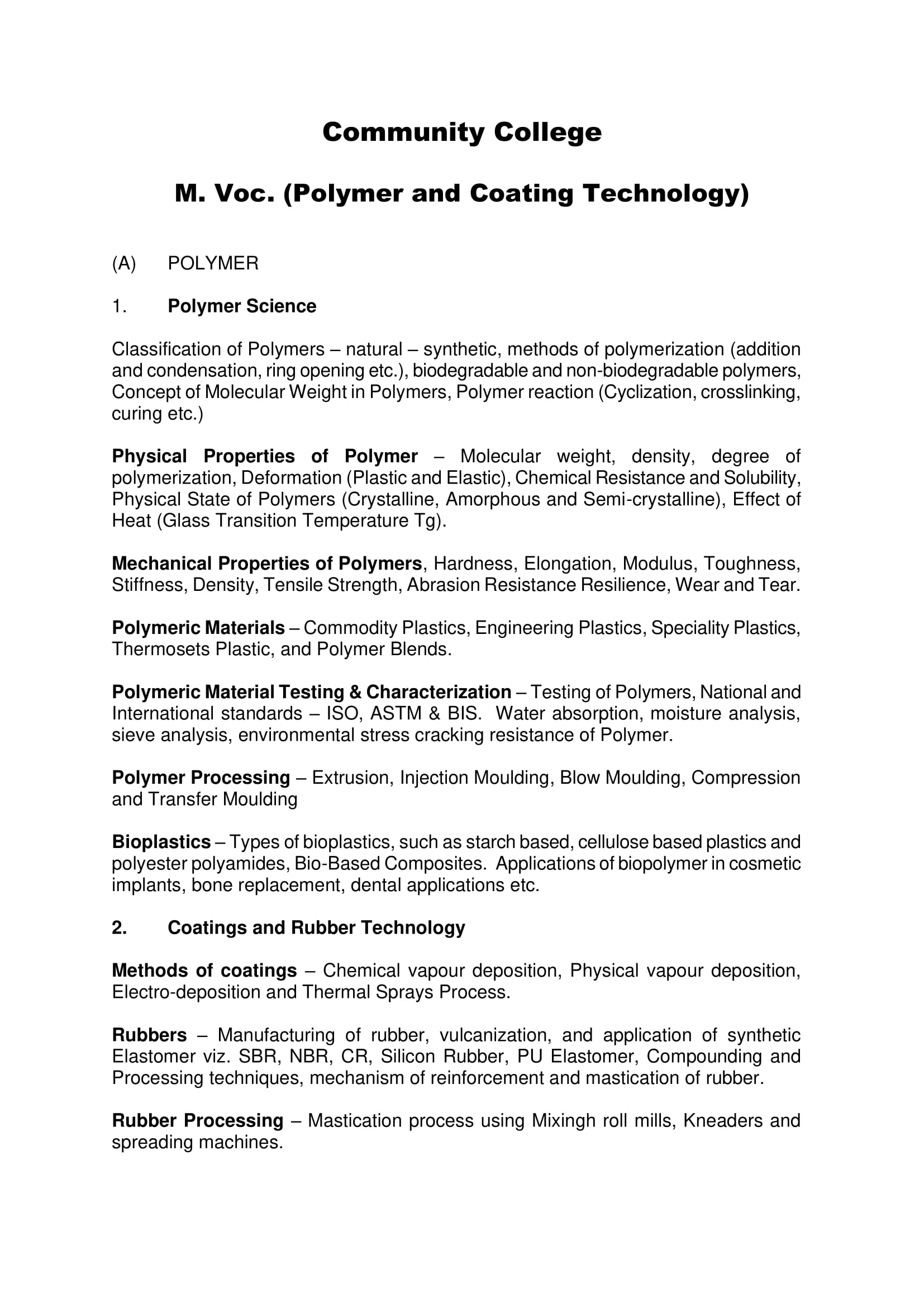 AMU Entrance Exam Syllabus for M.Voc. in Polymer and Coating Technology - Page 1