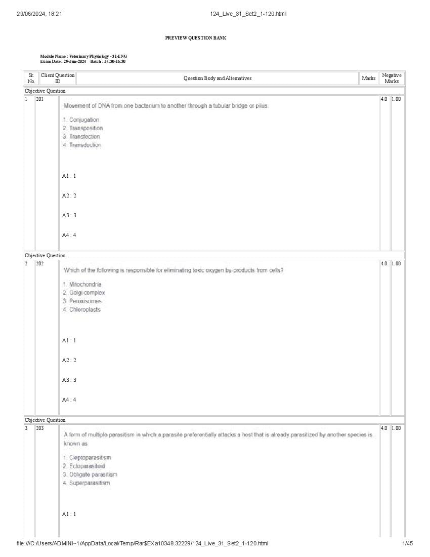 ICAR AICE JRF SRF (Ph.D) 2024 Question Paper Veterinary Physiology - Page 1 of 45