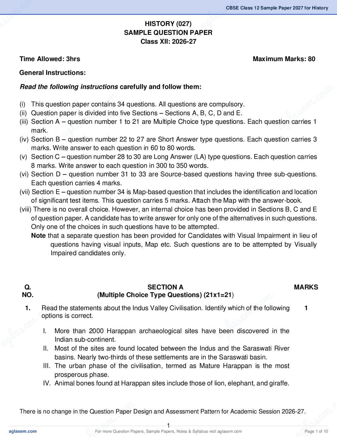 CBSE Class 12 Sample Paper 2027 for History - Page 1 of 10