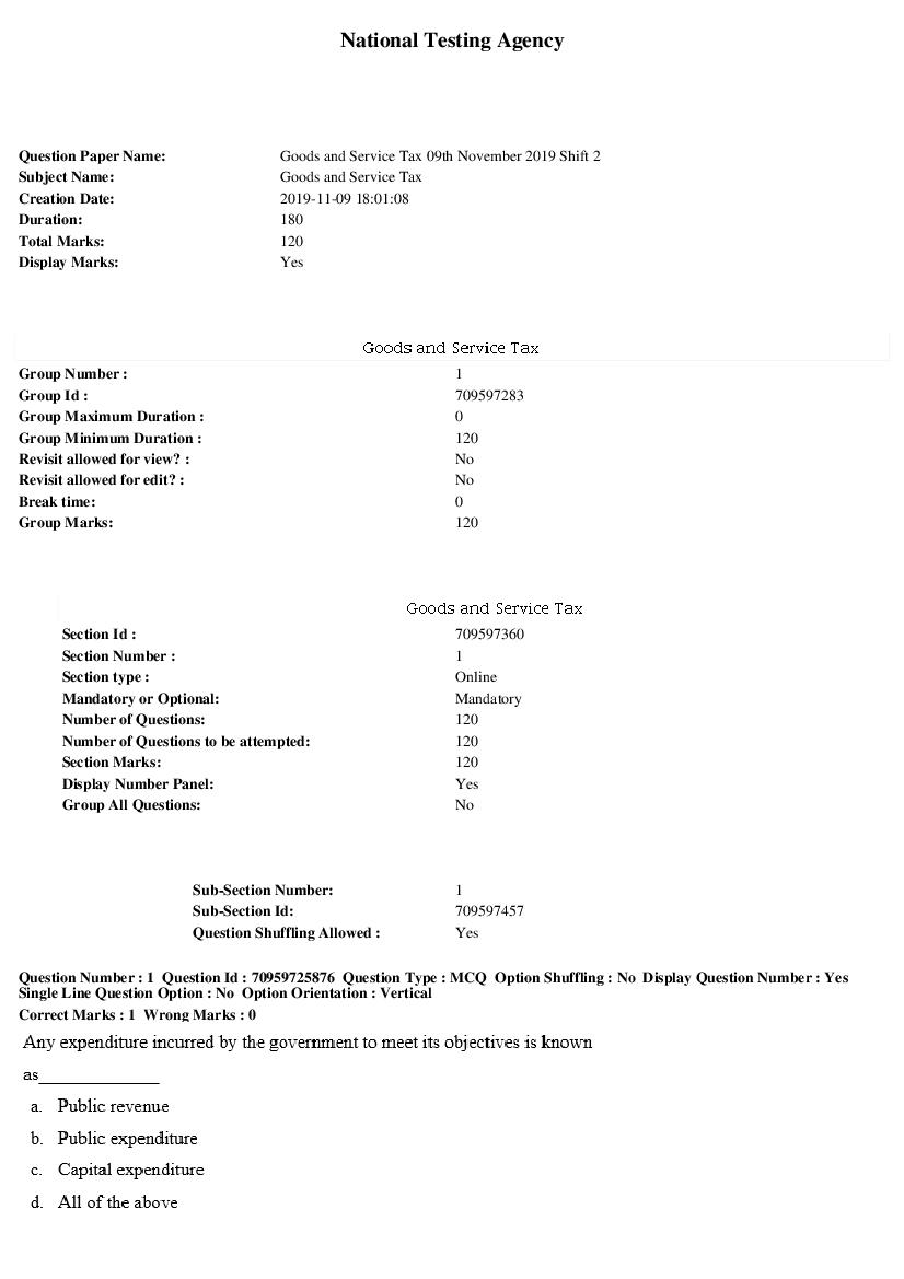 SWAYAM 2019 Question Paper Goods and Service Tax - Page 1 of 29
