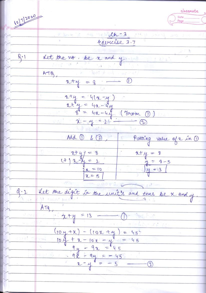 RD Sharma Solutions Class 10 Chapter 3 Pair Of Linear Equations In Two Variables Exercise 3.7 - Page 1
