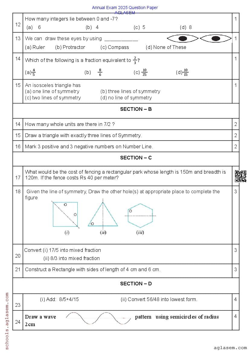 Class 6 Maths Question Paper 2025 (PDF) - Download 6th Std Annual Exam ...