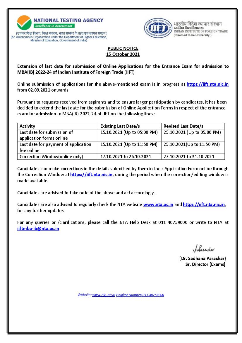 IIFT 2022 Date extension and application form correction notice - Page 1