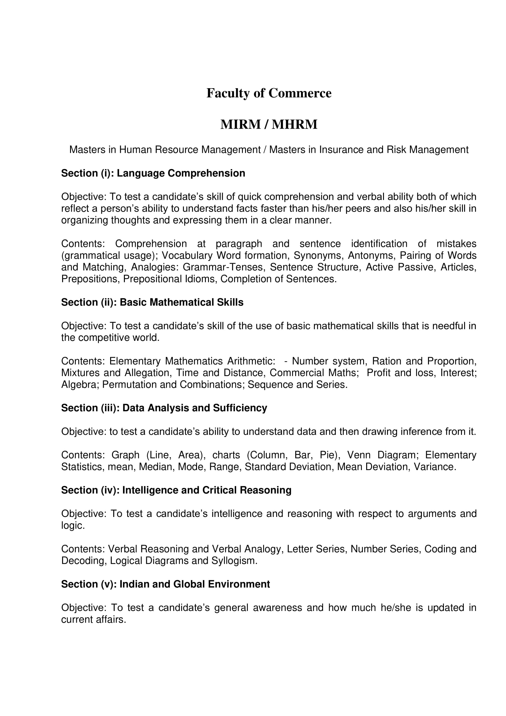 AMU Entrance Exam Syllabus for MIRM and MHRM in Human Resource Management and Insurance and Risk Management - Page 1