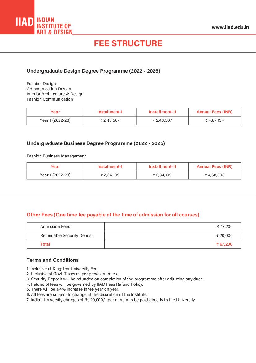 IIAD UG Admission 2022 Fee Structure - Page 1