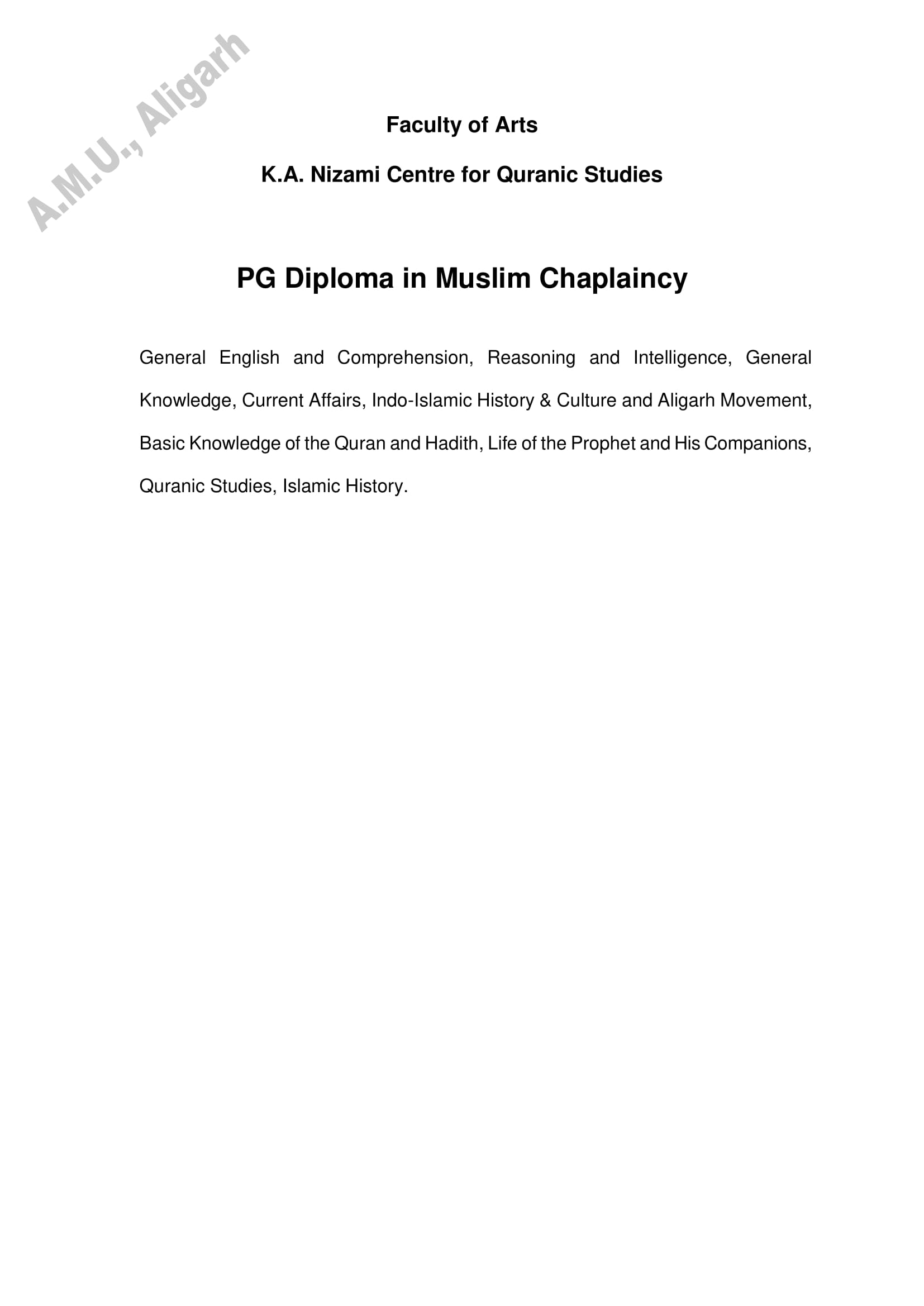 AMU Entrance Exam Syllabus for PG Diploma in Muslim Chaplaincy - Page 1