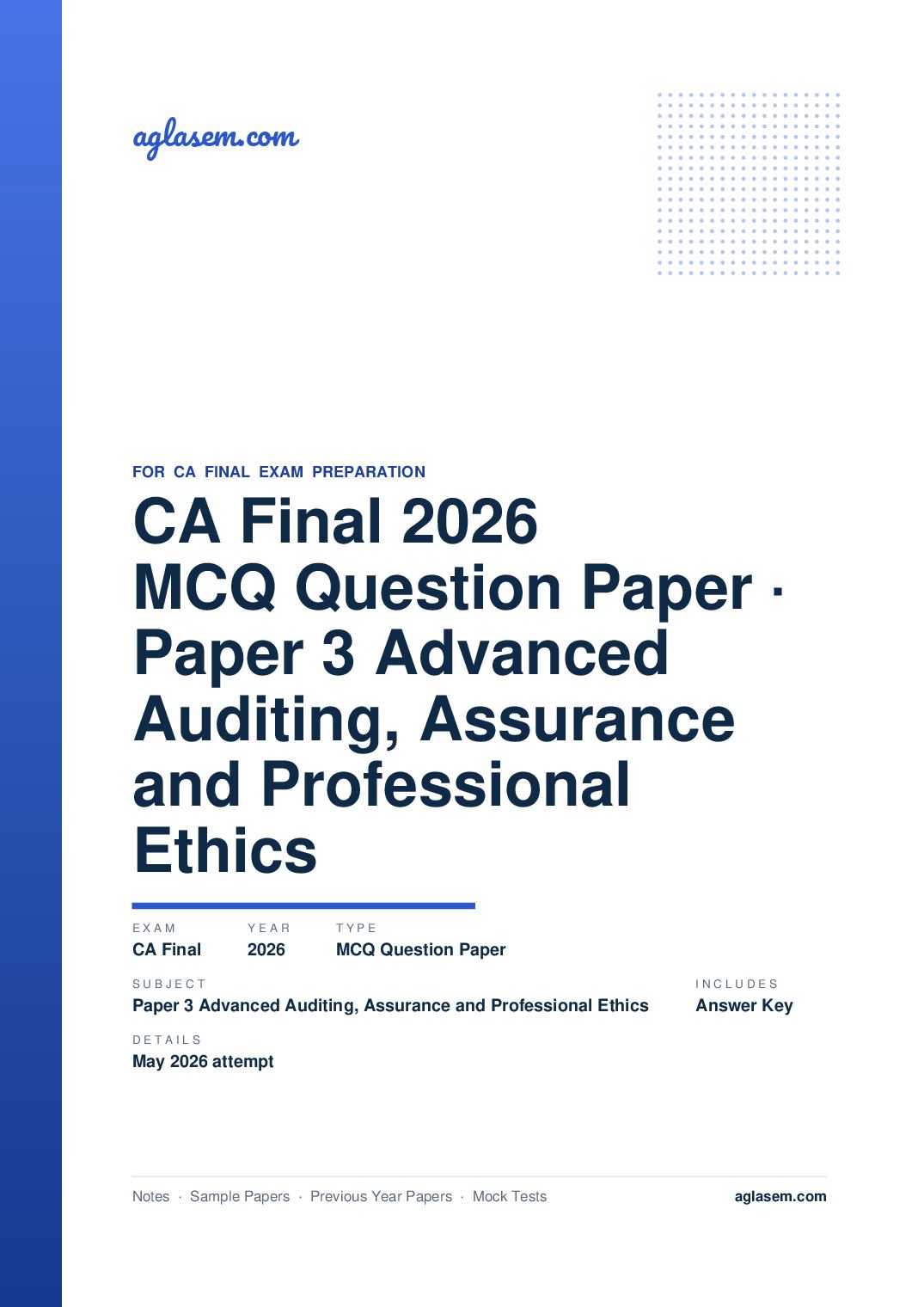 CA Final May 2026 MCQ Question Paper with Answer Key Paper 3 Advanced Auditing, Assurance and Professional Ethics - Page 1 of 34