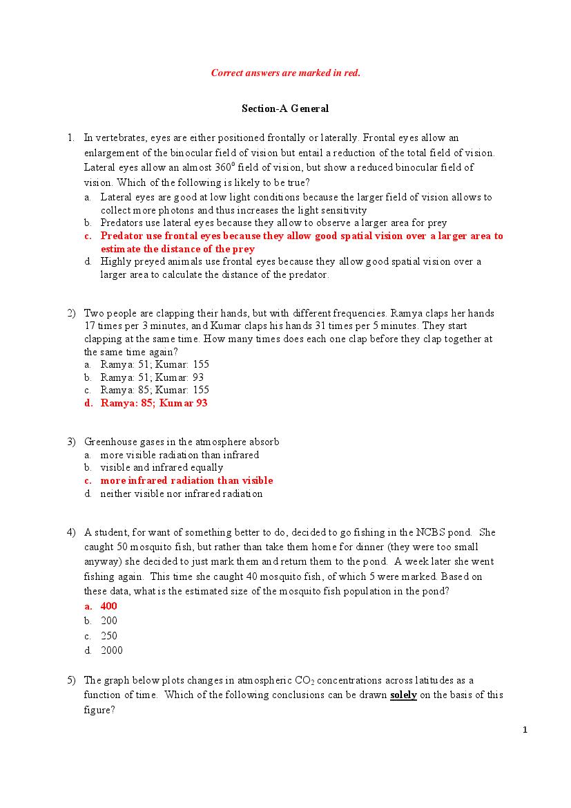 TIFR GS 2013 Question Paper Biology - Page 1 of 16