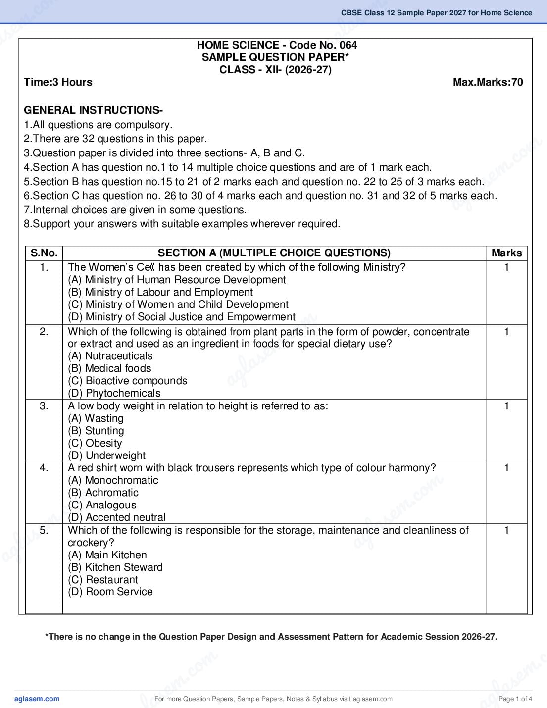 CBSE Class 12 Sample Paper 2027 for Home Science - Page 1 of 4