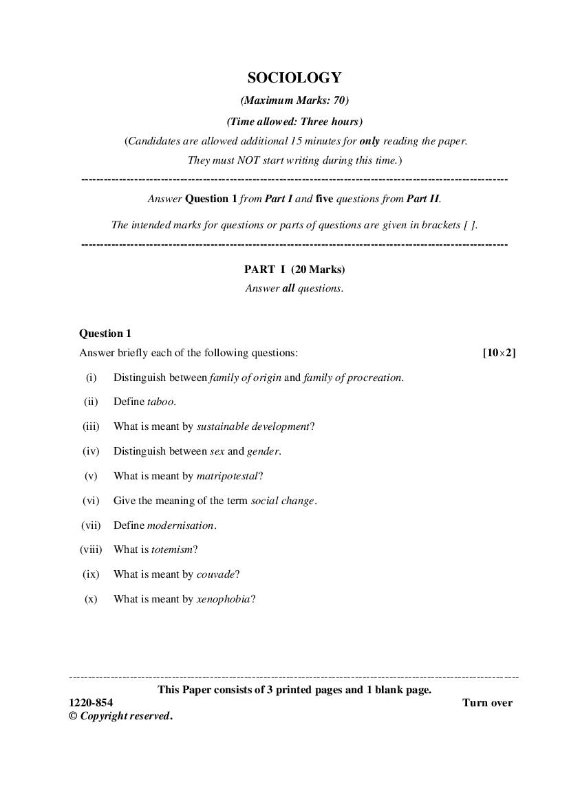 ISC Class 12 Question Paper 2020 for Sociology - Page 1