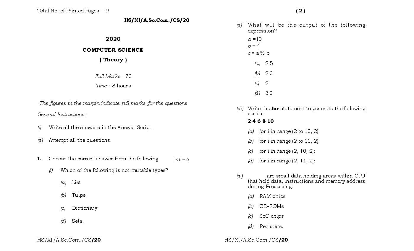 MBOSE Class 11 Question Paper 2020 for Computer Science - Page 1