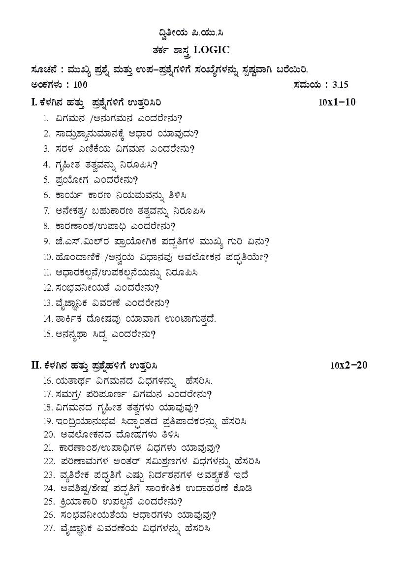 Karnataka 2nd PUC Model Question Paper 2022 for Logic (Kannada Medium) - Page 1