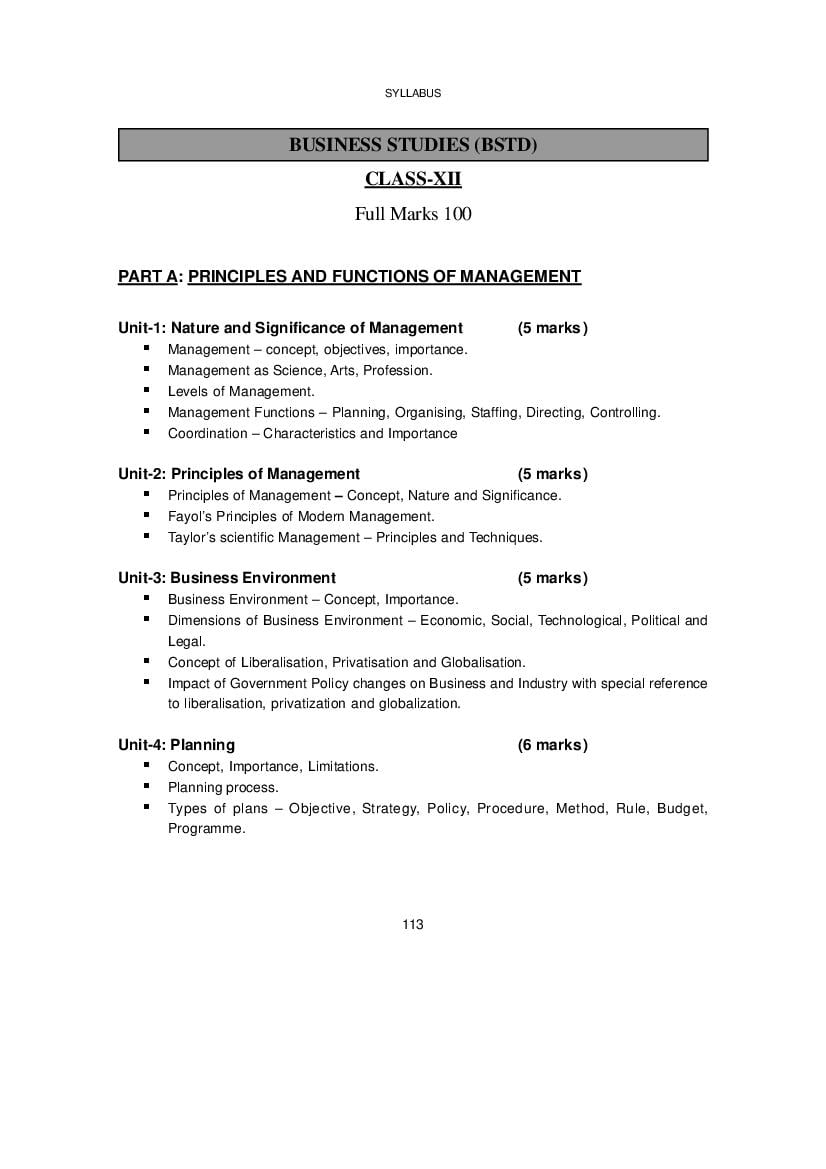 WBCHSE Class 12 Syllabus for Business Studies - Page 1