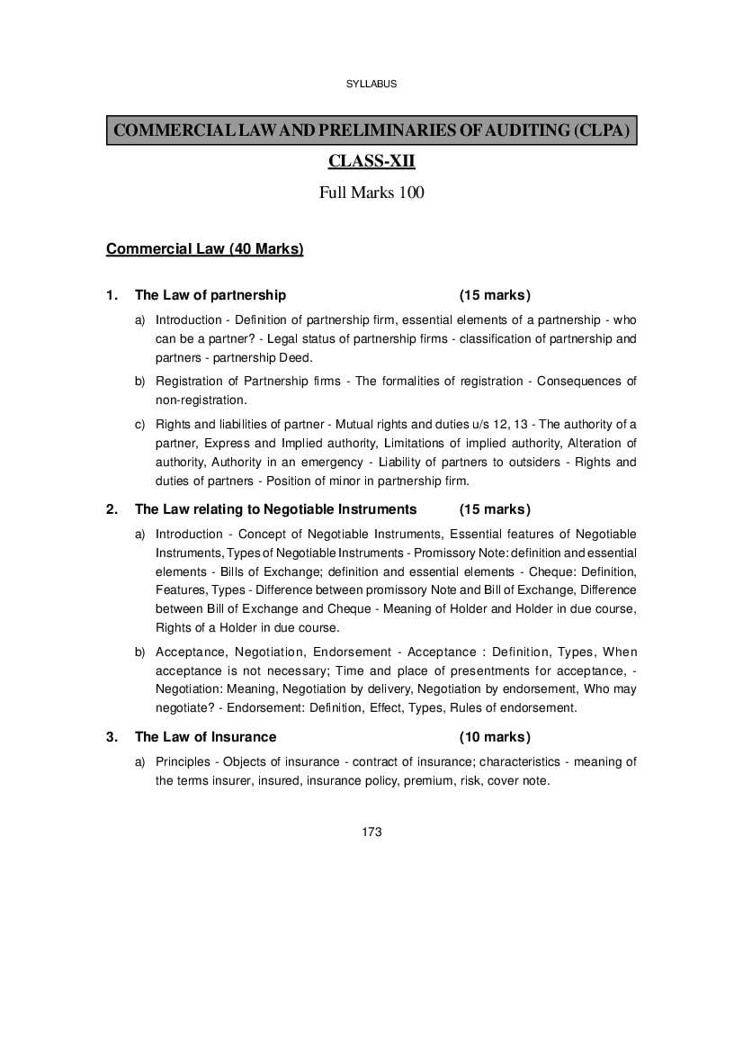 WBCHSE Class 12 Syllabus for Commercial Law and Preliminaries Of Auditing - Page 1
