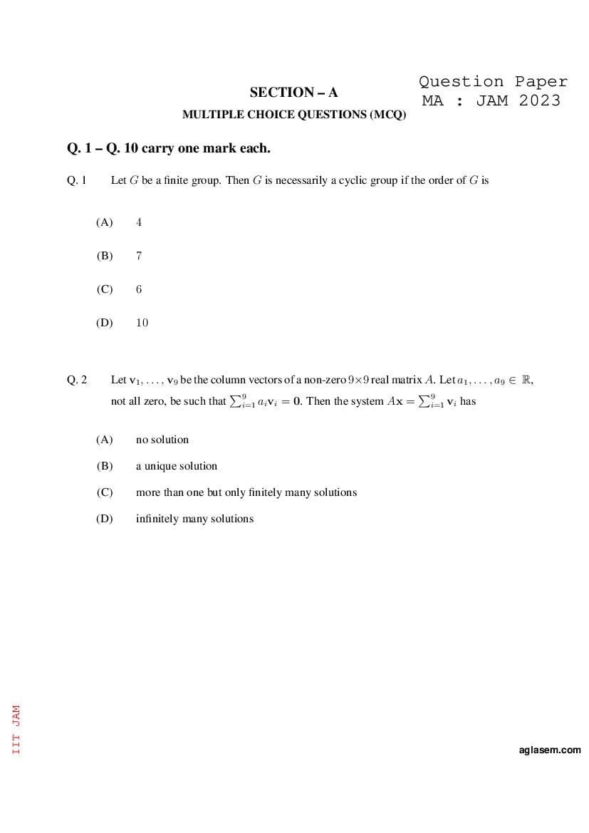 JAM 2023 Question Paper Mathematics (MA) - Page 1