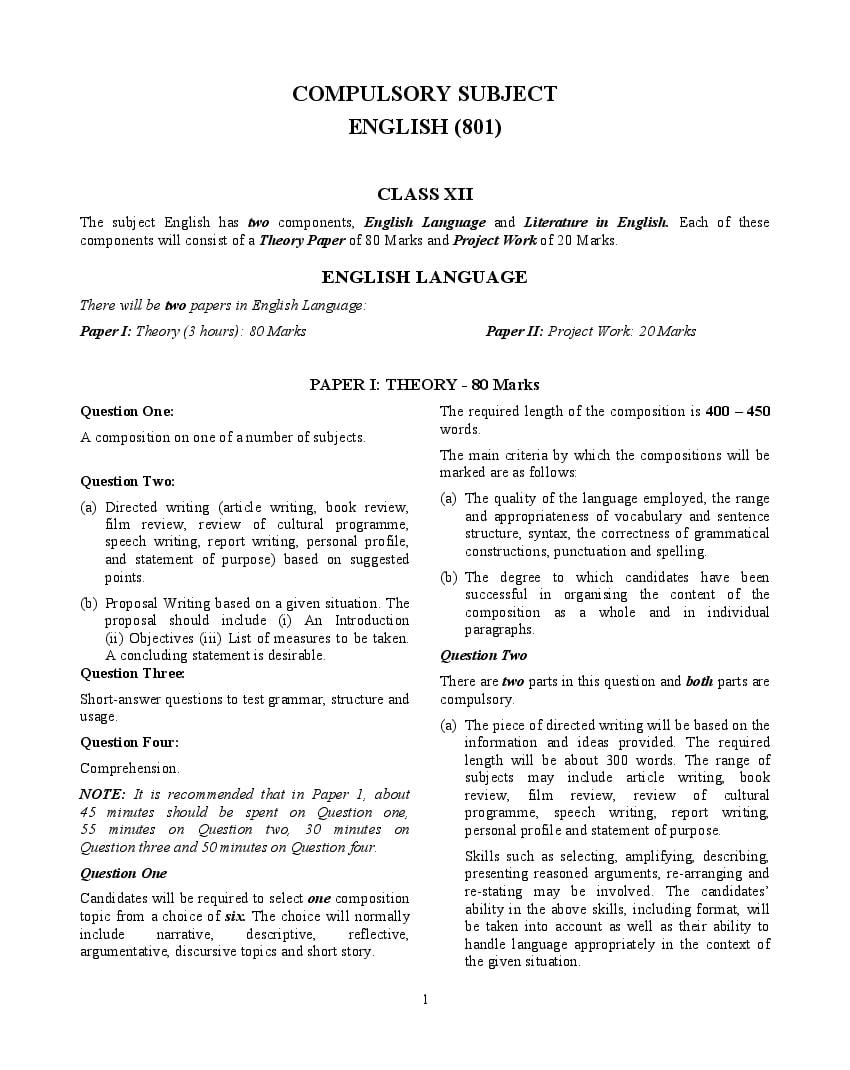 ISC Class 12 Syllabus 2023 English (Revised) - Page 1