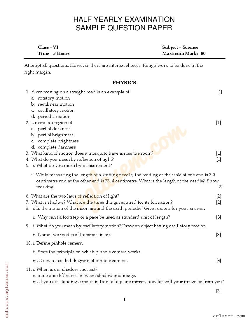 Class 6 Science Sample Paper Half Yearly 2023-24 (PDF) - 6th Science ...