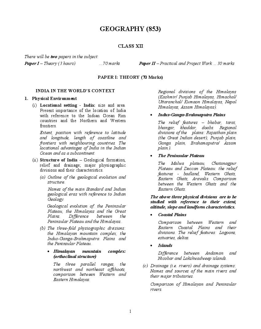 ISC Class 12 Syllabus 2023 Geography (Revised) - Page 1
